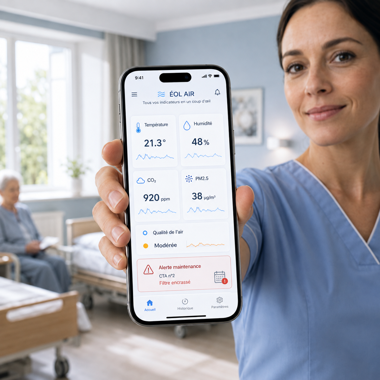 Application ÉOL AIR affichant les indicateurs de qualité de l'air en temps réel dans une chambre d'EHPAD