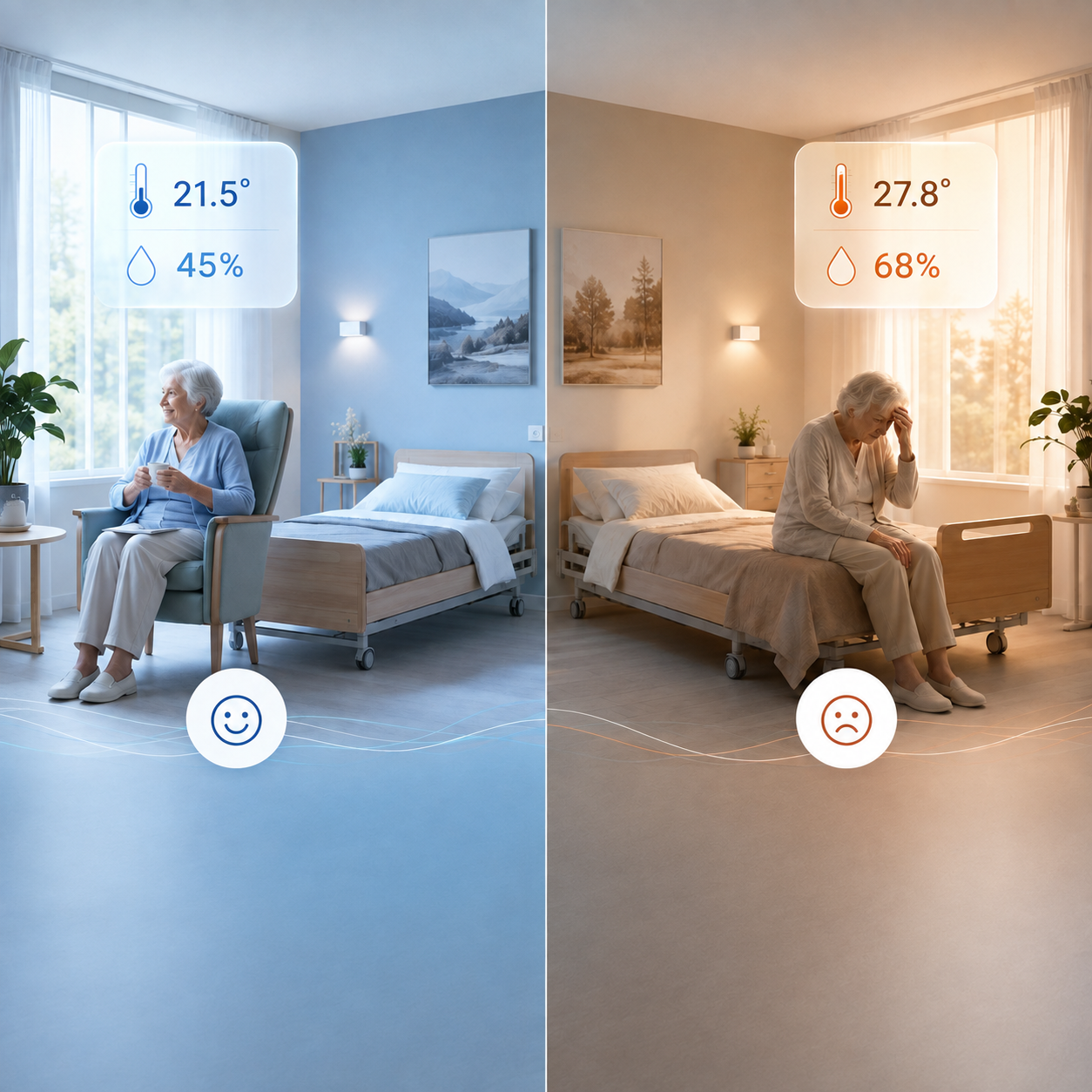 Comparaison d'une chambre EHPAD confortable et bien tempérée à une chambre inconfortable