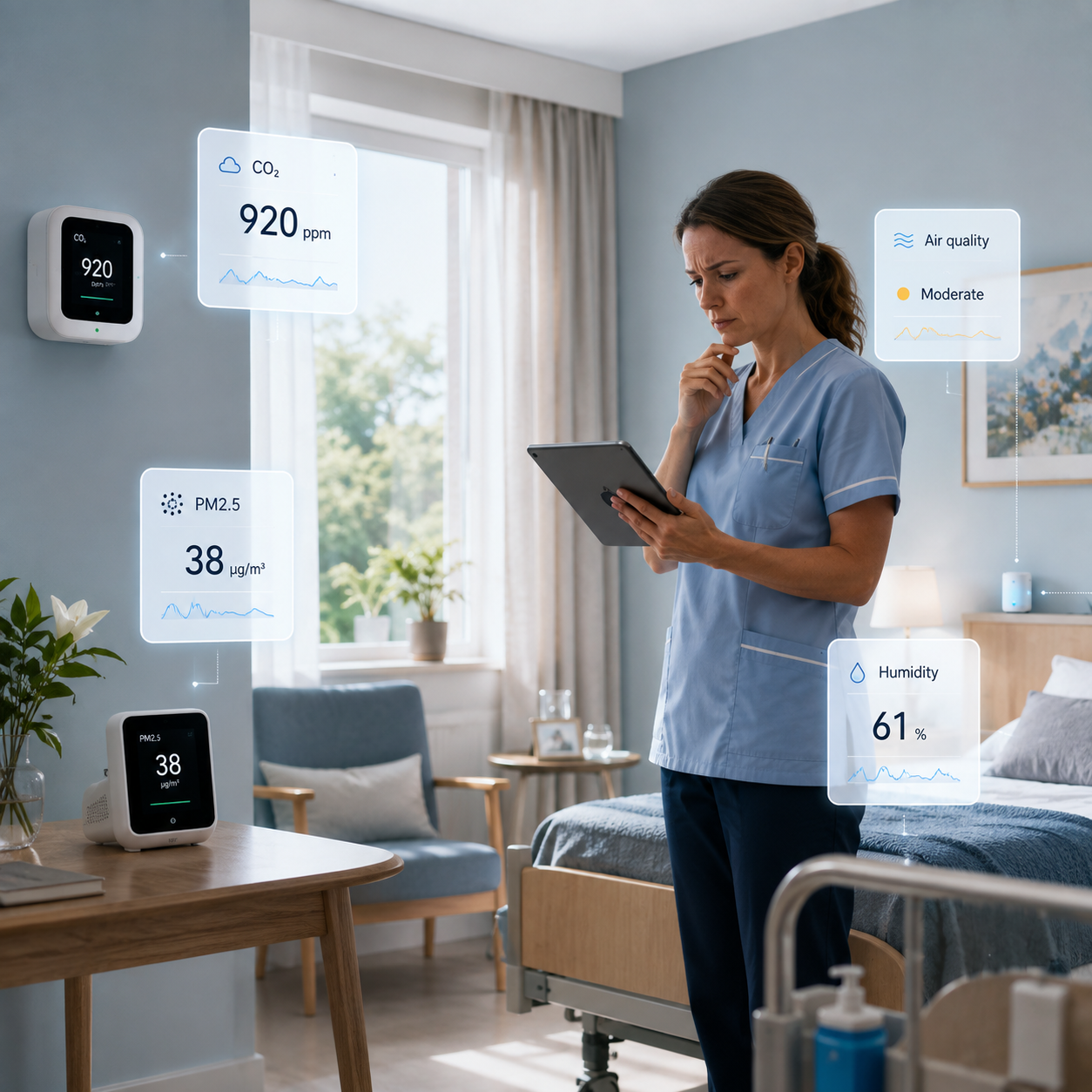 Système de filtration multicouche dans une chambre d'EHPAD : préfiltre, filtre HEPA et charbon actif