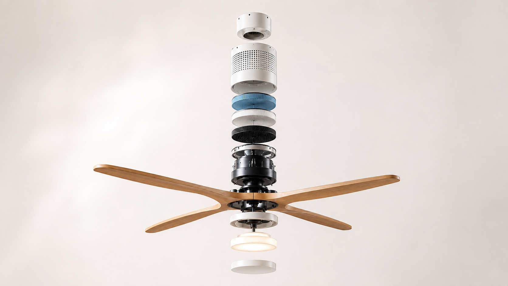 Équipement de plafond ÉOL AIR : pales en bois, module central d'éclairage et bloc supérieur de filtration et de mesure