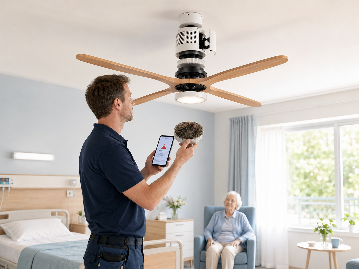 Technicien en intervention dans une chambre d'EHPAD, équipement de plafond et smartphone d'alerte maintenance
